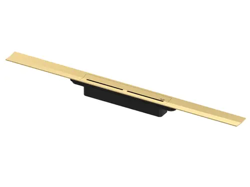 TECE Duschprofil in gebürsteter Gold-Optik. Längliche, flache Bauform mit einer Rinne zur Wasserableitung, montierbar in Duschen oder Badebereichen.